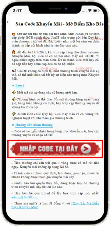Bước 3: Nhập CODE hiển thị tại link https://77jjun88.com/code